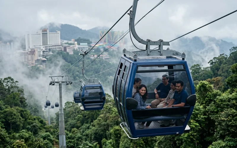 Cable car gondolas rising toward Genting Highlands