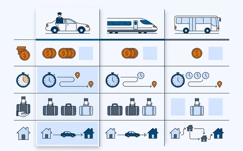 Comparison of cost, time, luggage, and door-to-door across the three options