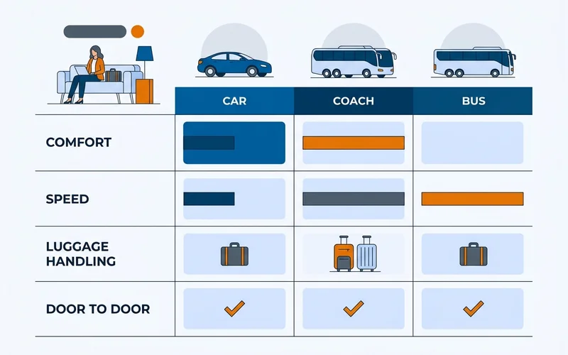 Comparison of comfort, speed, luggage, and door-to-door across three options