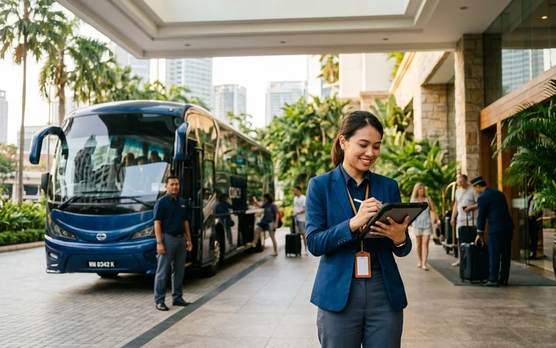 An event coordinator checking a multi-day shuttle schedule