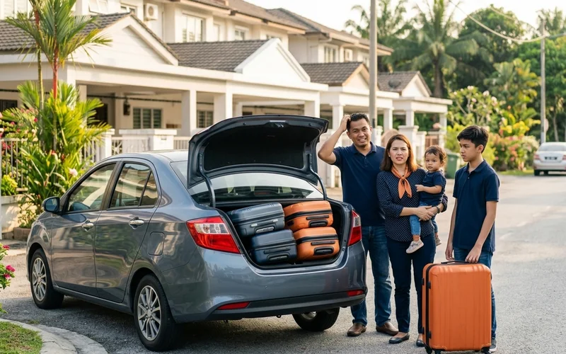 A family discovering a standard car cannot fit their luggage