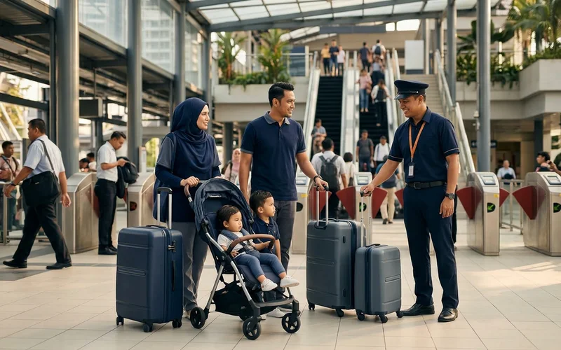 A family navigating a station concourse with luggage