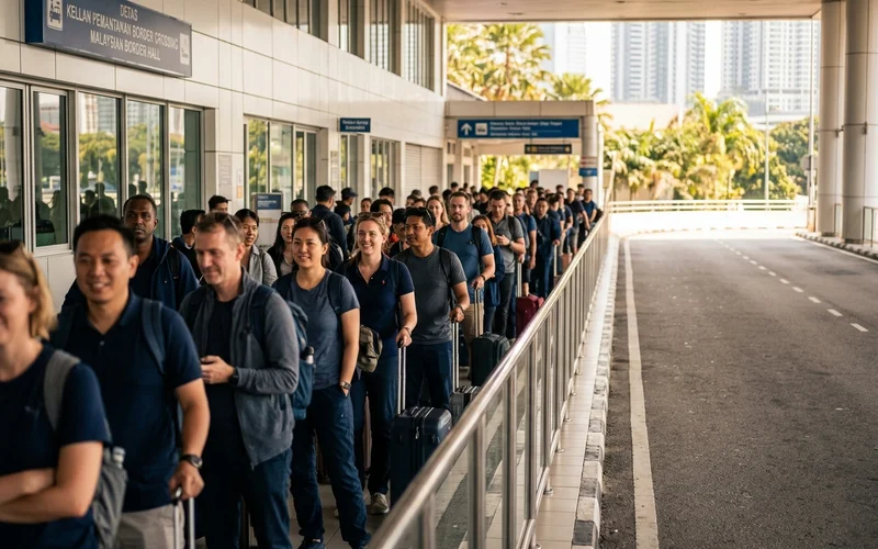 Pedestrian bus queues at the checkpoint compared with the car lane