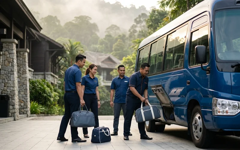 Group transport arriving at a highland retreat venue