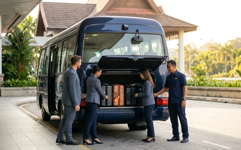 A mini coach luggage compartment loaded for an airport transfer