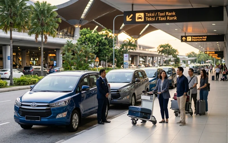 A long taxi queue outside an airport terminal during peak season