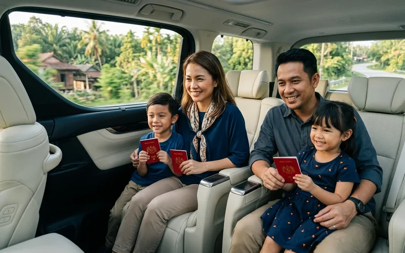A family relaxing inside the vehicle during the journey south