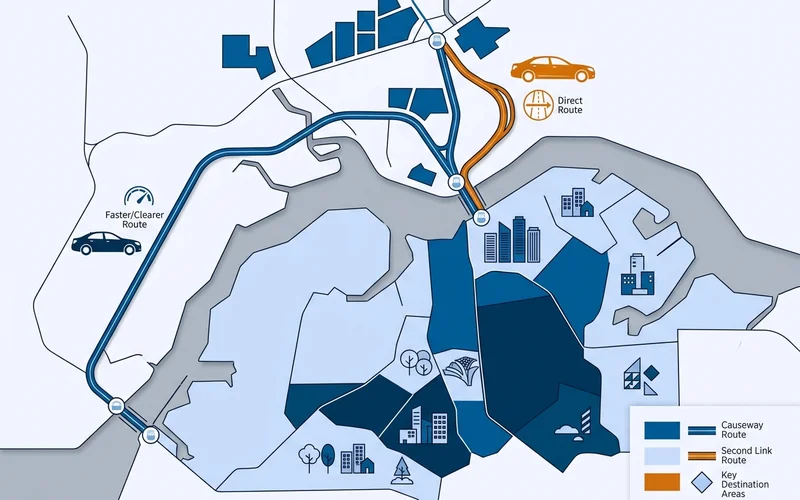 Route map comparing the Causeway and Second Link crossings