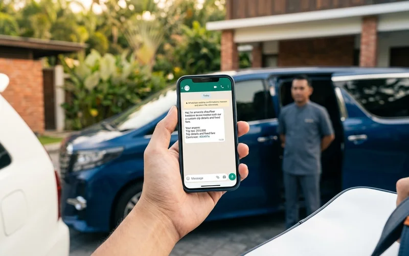 A WhatsApp booking confirmation showing a fixed fare