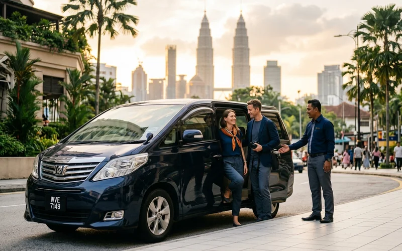 Visitors boarding a private vehicle near a Kuala Lumpur landmark