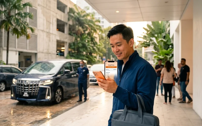 Surge pricing on a phone during evening rain