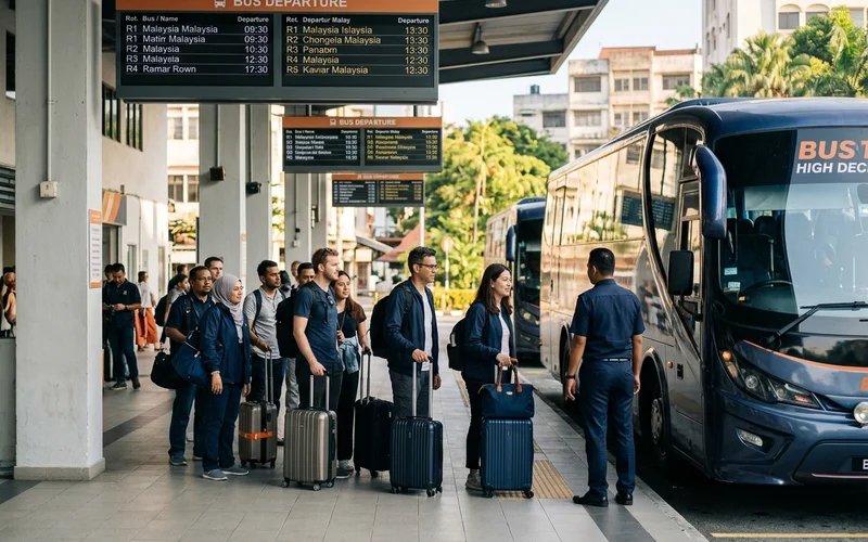 Travellers queuing with luggage at a coach terminal