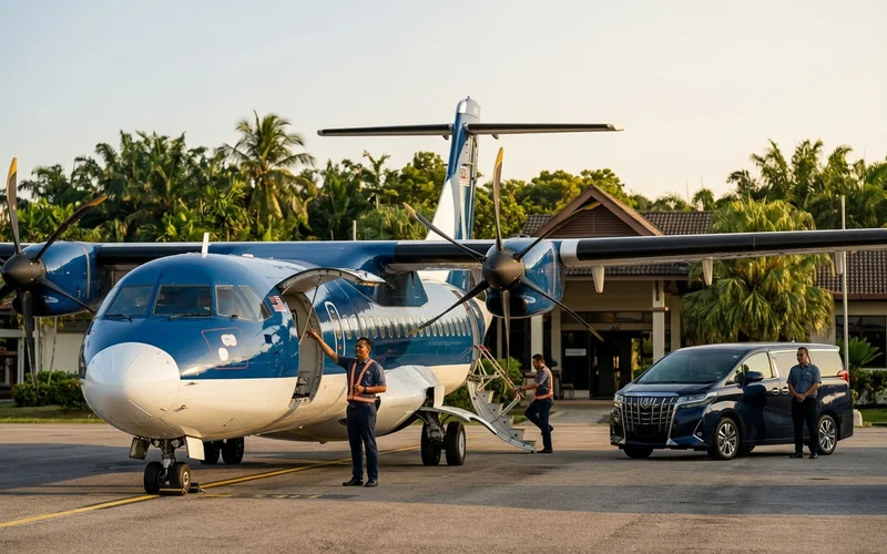 A regional turboprop aircraft on the apron at Subang