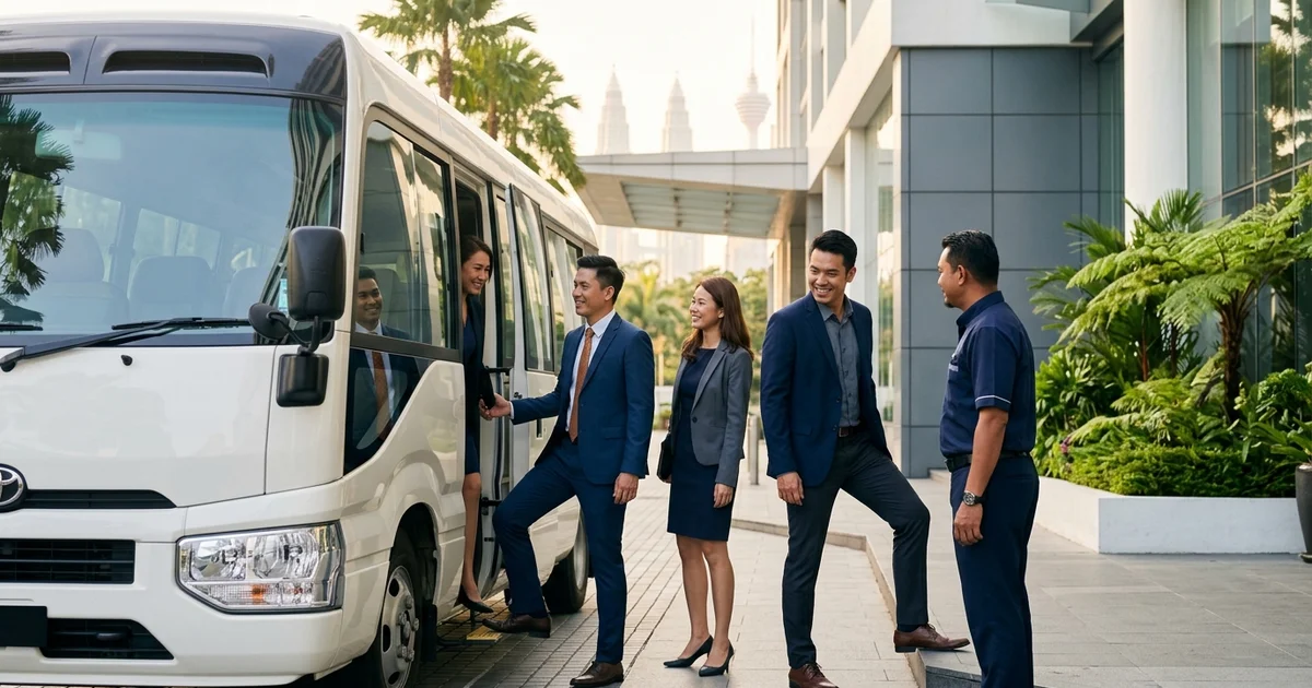 Corporate delegates boarding a MyTranslane mini coach outside a Kuala Lumpur venue