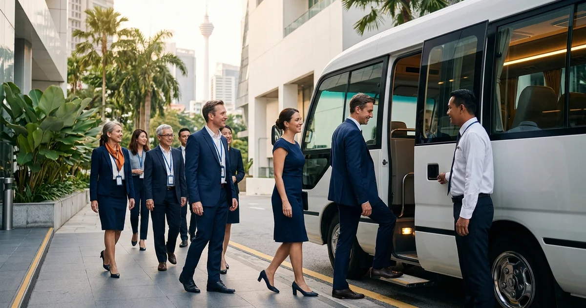 A corporate group boarding a mini coach outside a Kuala Lumpur venue