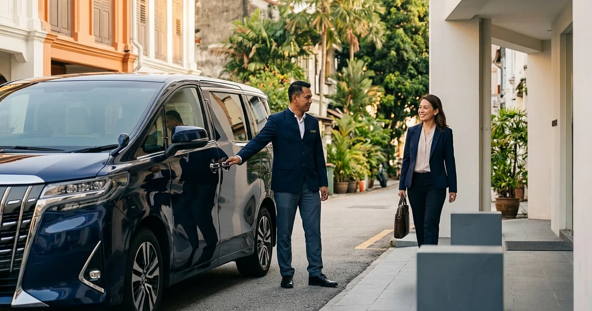 A chauffeur waiting beside an MPV as a client returns from a meeting