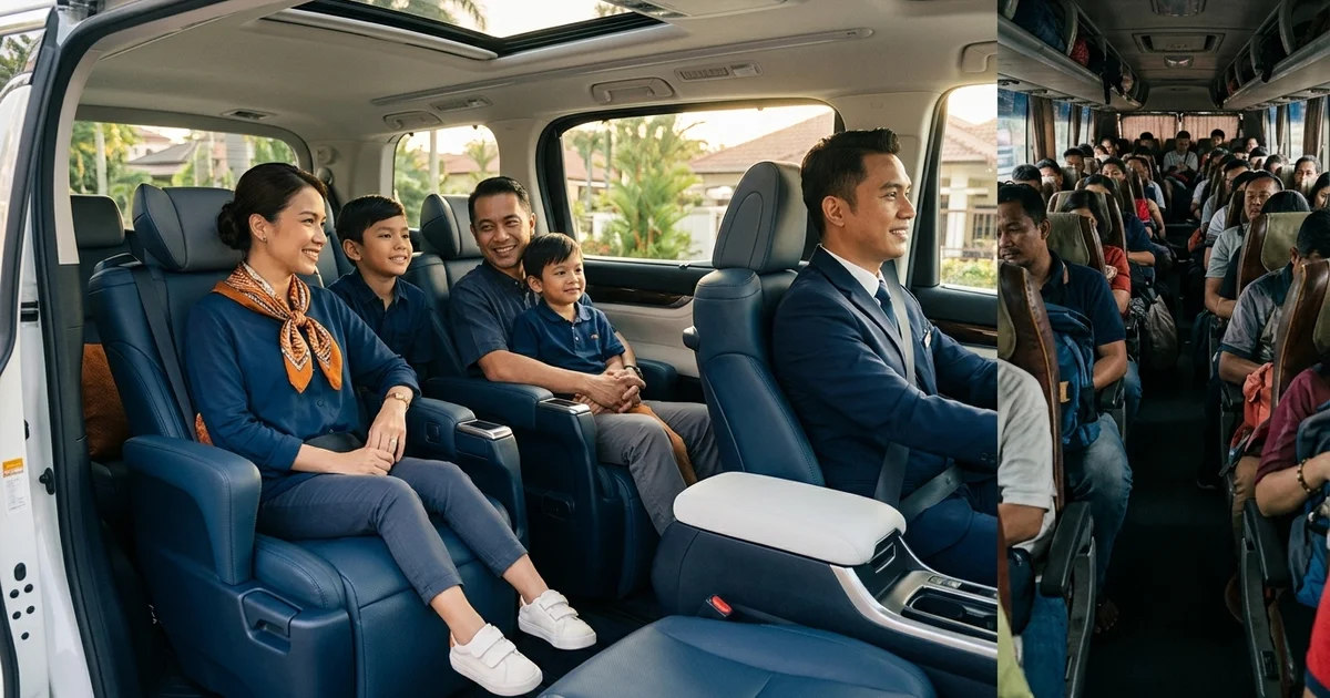 A family in a private MPV compared with a crowded coach interior