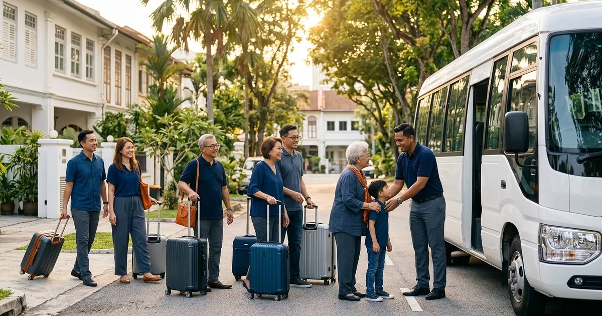 A large family group boarding a mini coach in Kuala Lumpur