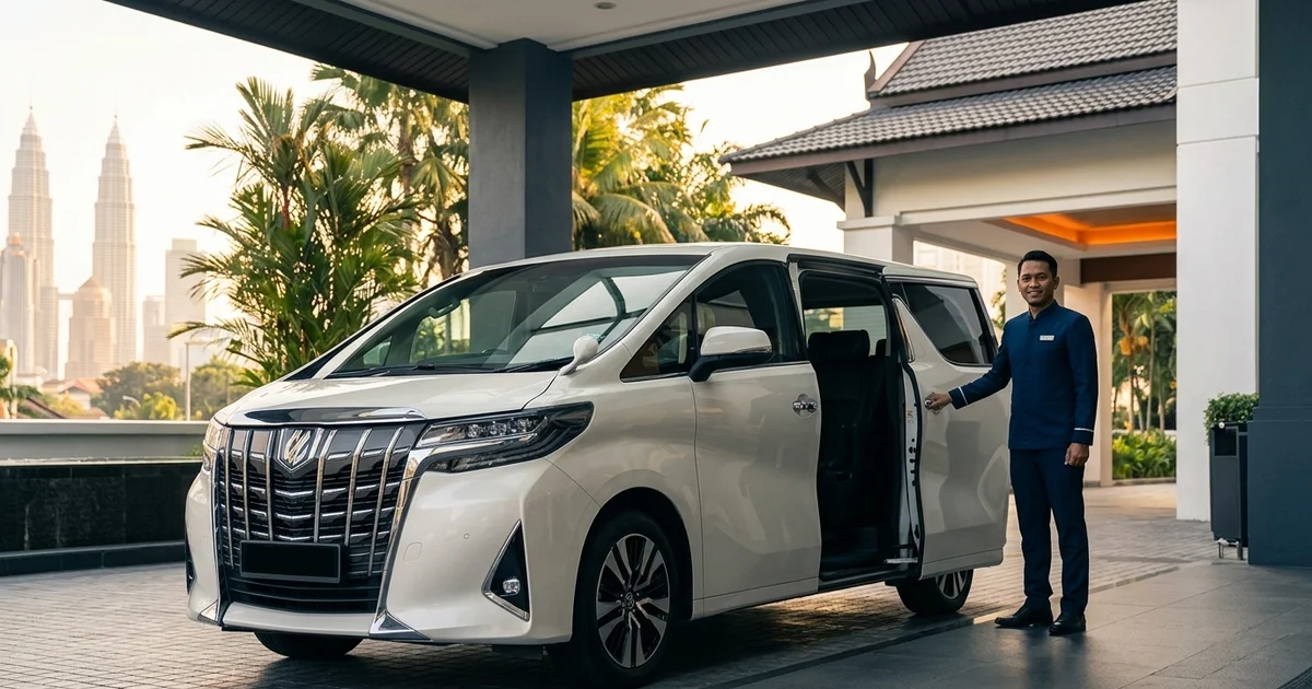 A chauffeur opening the door of a luxury Alphard outside a Kuala Lumpur hotel