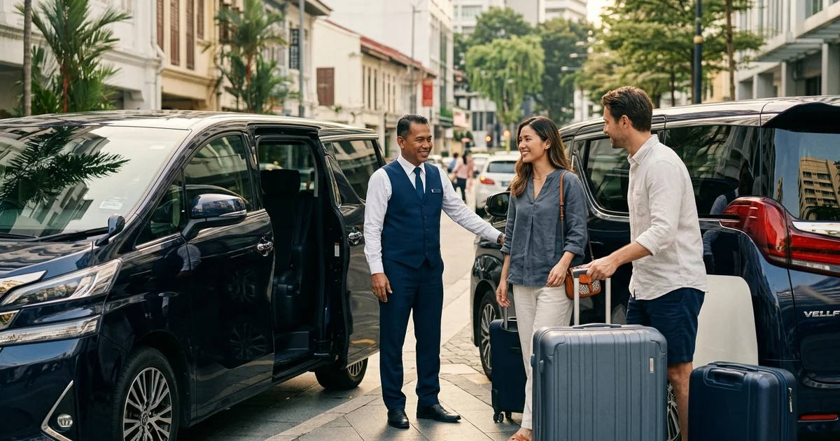 A chauffeur opening the door of a navy MPV for travellers with luggage in Kuala Lumpur