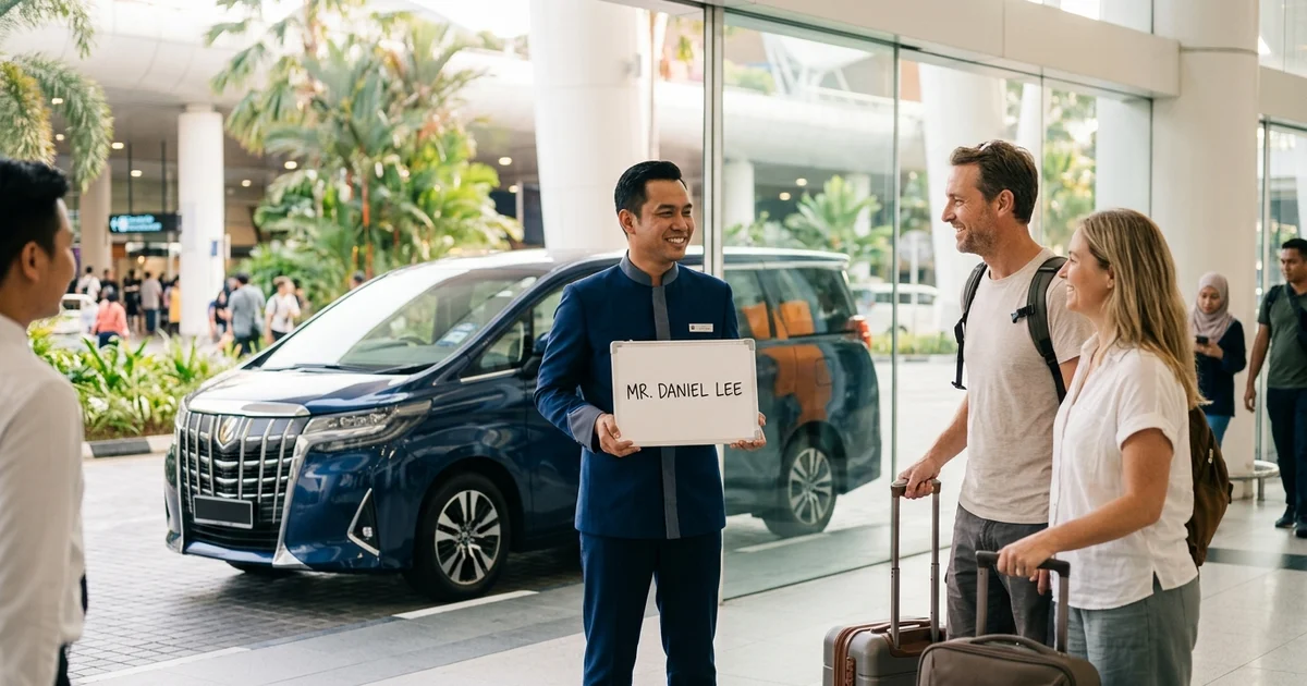A chauffeur greeting arriving passengers at KLIA with a name board