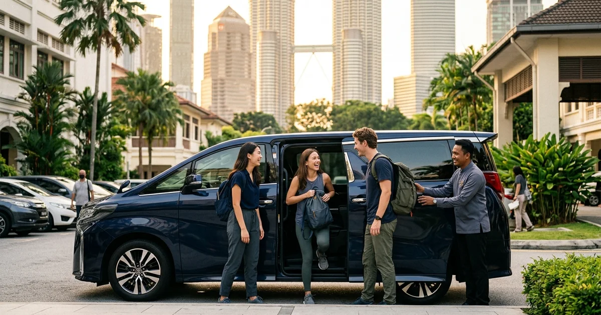 Visitors boarding a private vehicle near a Kuala Lumpur landmark