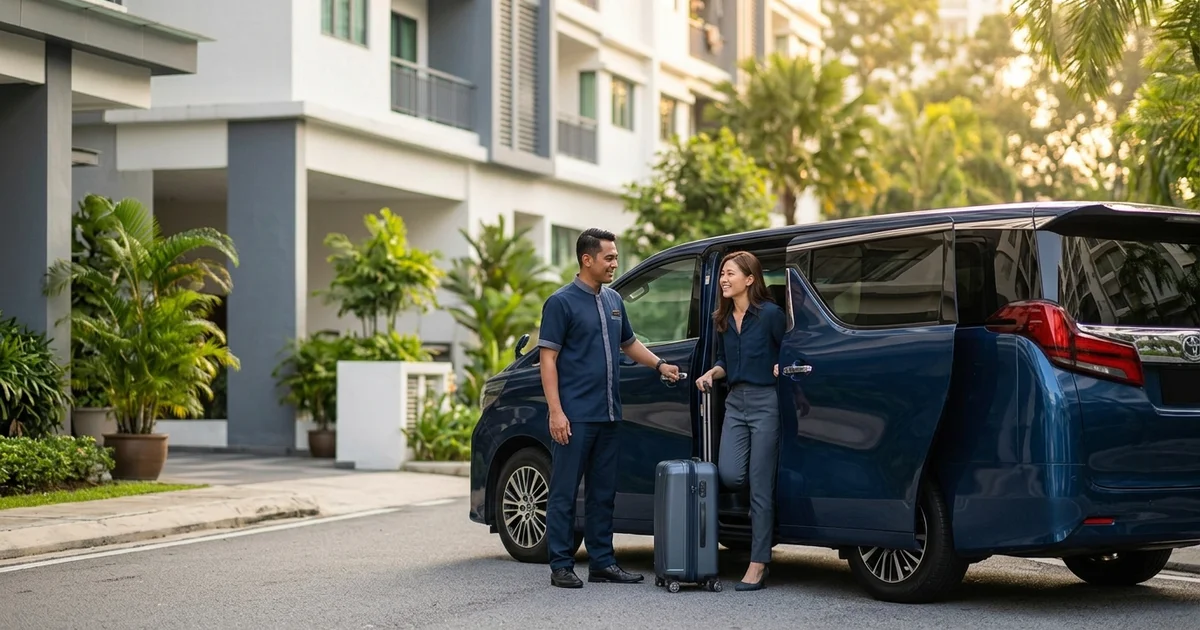 A traveller quickly boarding a waiting MPV for an urgent airport run