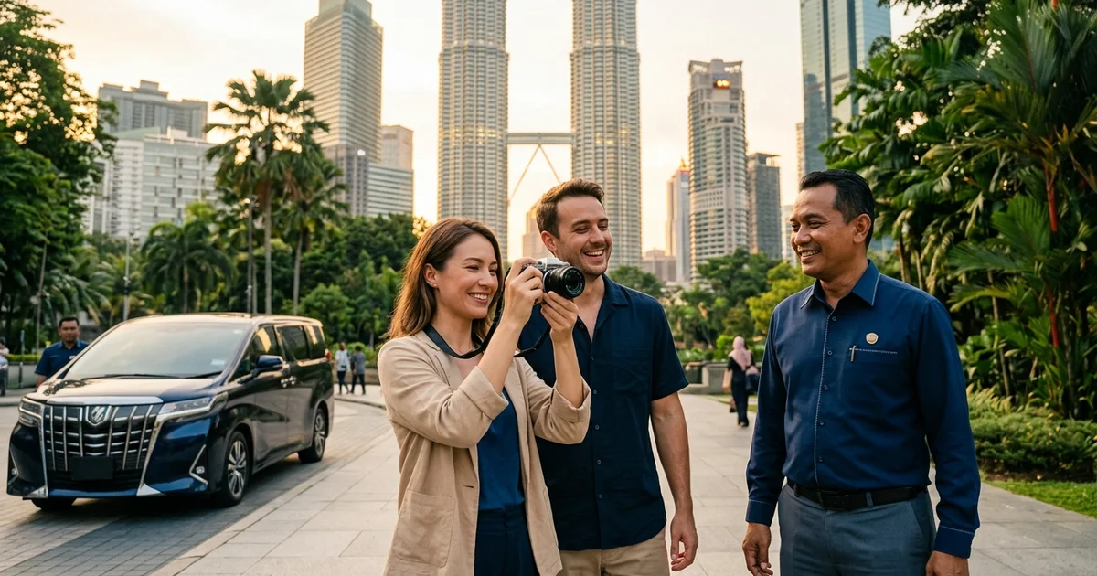 Travellers at the Petronas Twin Towers with a driver-guide