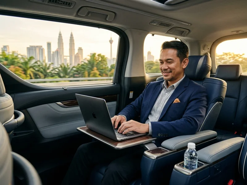 Executive working from the rear seat of a chauffeured MPV