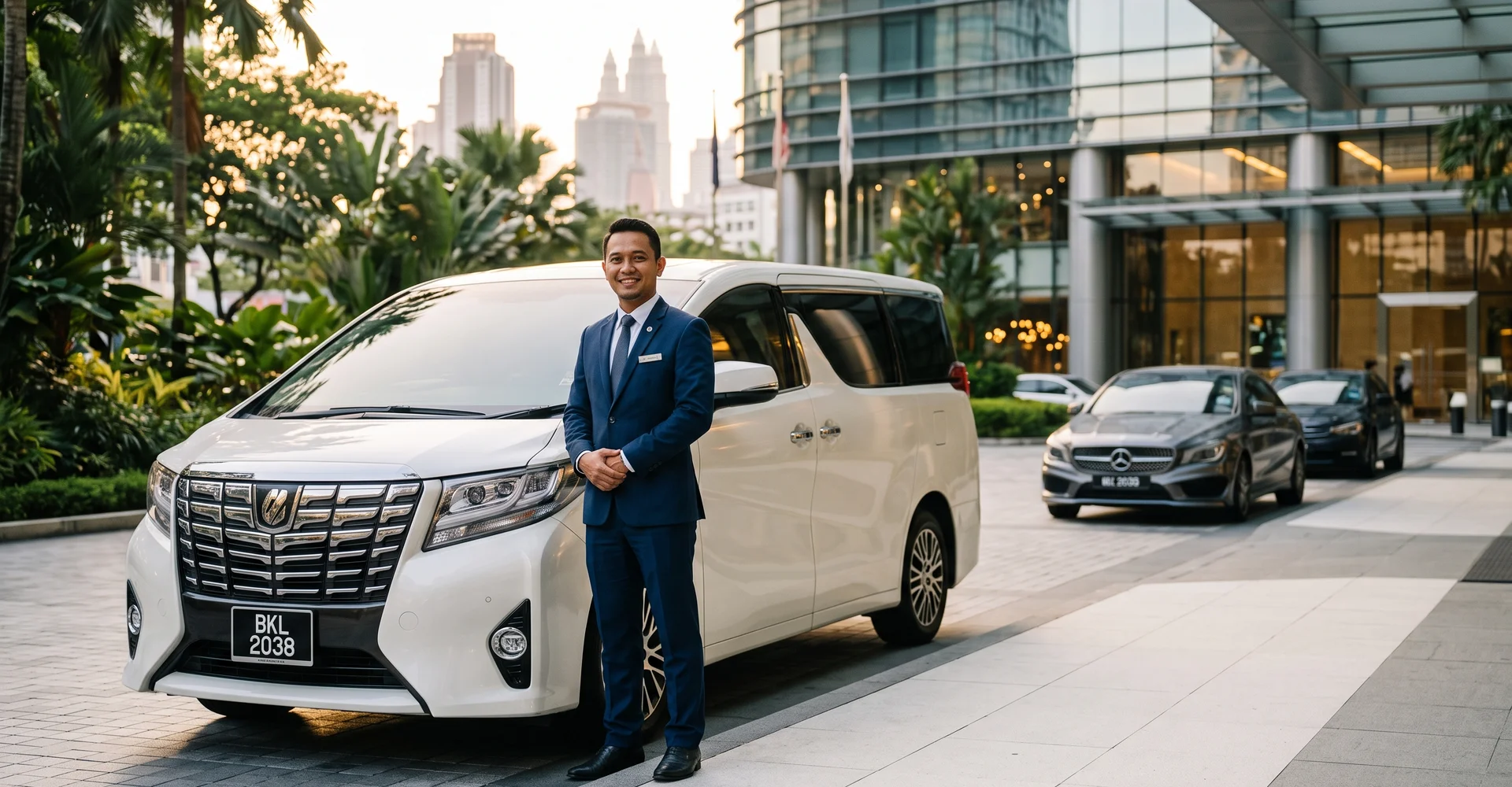 MyTranslane chauffeur waiting beside a luxury Alphard MPV in Kuala Lumpur
