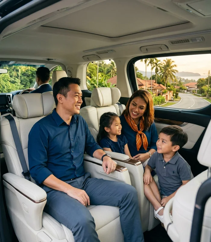 A family relaxing inside a MyTranslane MPV on a Malaysian road trip