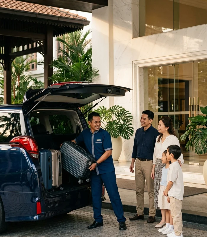 MyTranslane chauffeur loading family luggage into a navy MPV outside a Kuala Lumpur hotel