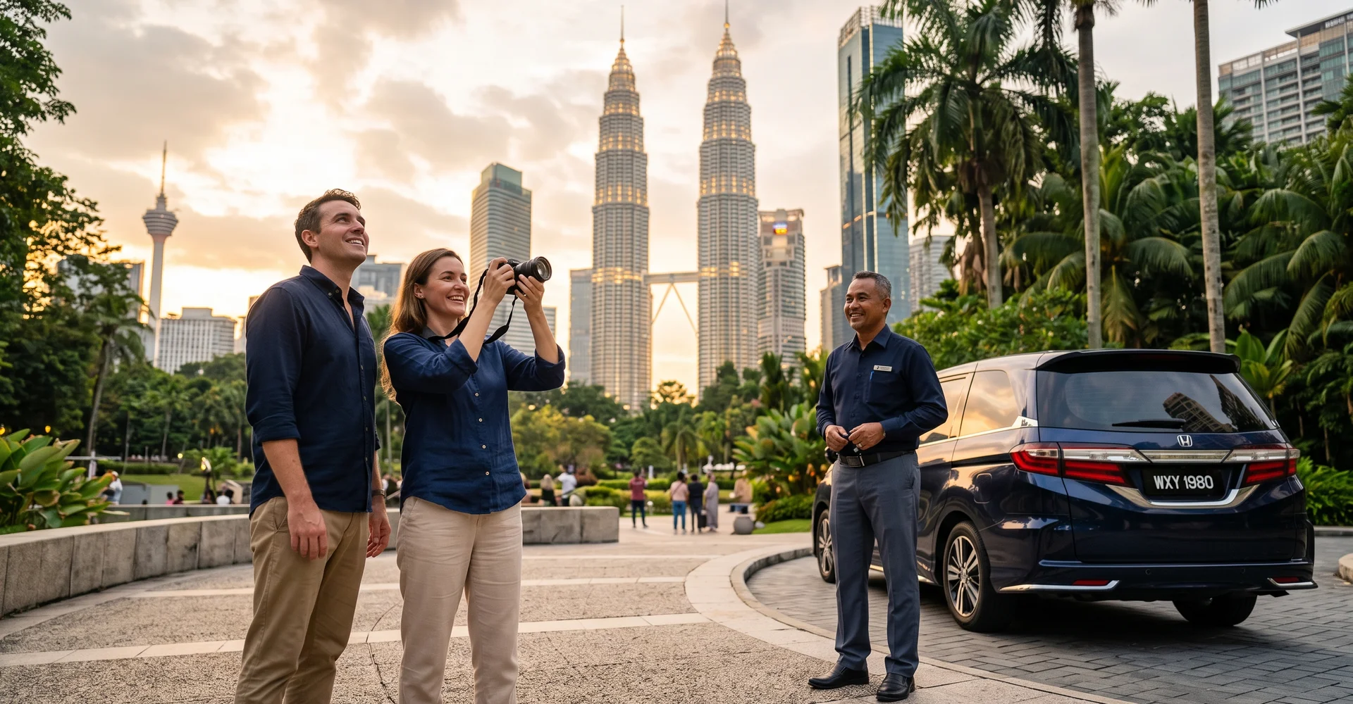 Travellers at the Petronas Twin Towers with a MyTranslane driver-guide