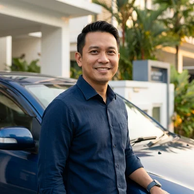 Gana, founder and operations lead at MyTranslane, beside a company MPV in Kuala Lumpur